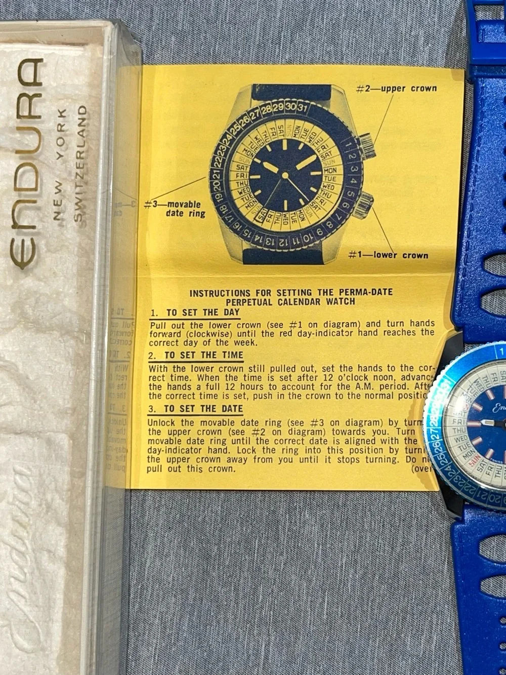 Vintage 1970 Endura PermaDate Calendar Watch Blue NOS Working W Box, Paper & Pad